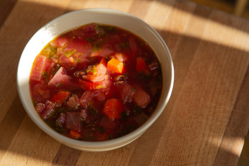 Traditional borscht with beets and carrots