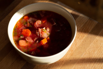 Traditional borscht with beets and carrots