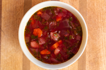 Traditional borscht with beets and carrots