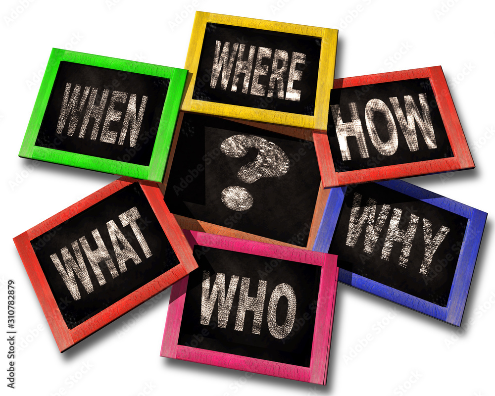 Poster questions who where how why what when on chalkboards isolated background for education - 3d renderin