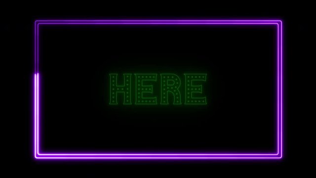 Here neon sign fluorescent light glowing on signboard background. Text Here by neon lights sign in dark night. The best stock of neon Here flickering, flash, blinking color black background - Powered by Adobe