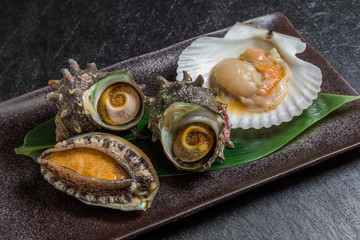 新鮮な貝もりあわせ　seafood (Scallop, Abalone, turbanshell)