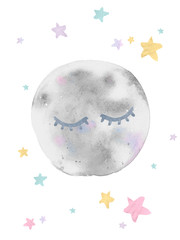 Watercolor Sleeping Moon