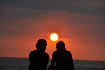 Tropical Sunset Palm Tree & Couple in Silhouette