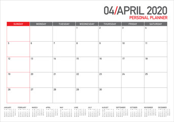 April 2020 desk calendar vector illustration