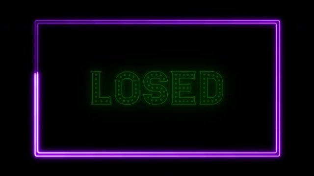 Lose, you lose neon sign fluorescent light glowing on banner background. Text losed game by neon lights. The best stock of animation neon flickering, flash and blinks color black background