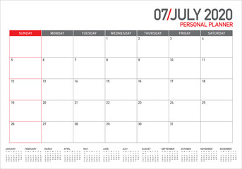July 2020 desk calendar vector illustration