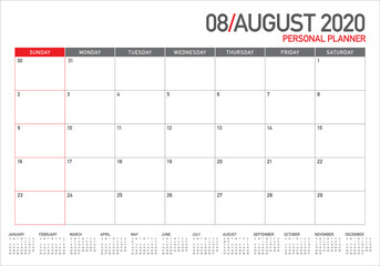 August 2020 desk calendar vector illustration