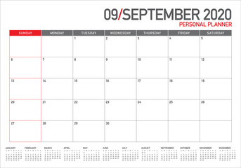 September 2020 desk calendar vector illustration