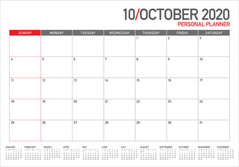 October 2020 desk calendar vector illustration