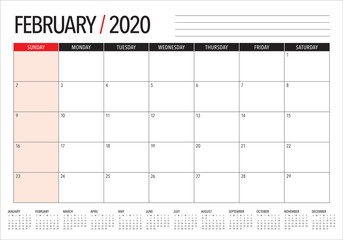 February 2020 desk calendar vector illustration