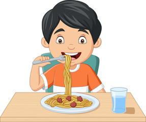 Cartoon little boy eating spaghetti