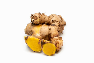 Cassumunar ginger (Zingiber montanum (Koenig) Link ex Dietr.), Phlai isolated in white background. 