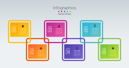 Infographics design vector with 6 options and business icons. Use in corporate report, marketing, annual report. Network management data screen with charts, diagrams.