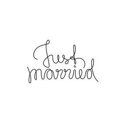 Just married, lettering phrase, continuous line drawing, design element for poster, banner, card, print for clothes, emblem or logo design, one single line, isolated vector illustration.