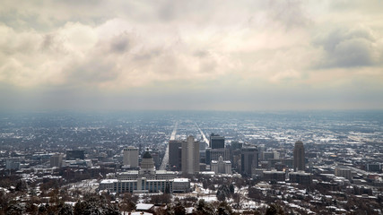 Overlooking Salt Lake City on cloudy day looking towards downtown from Ensign Peak.