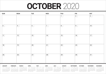 October 2020 desk calendar vector illustration