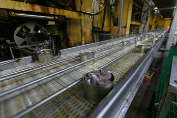 Production of canned fish. Canned fish on a conveyor belt. Ready canned food.