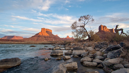 Utah desert along the Colorado River at sunset in Castle Valley.