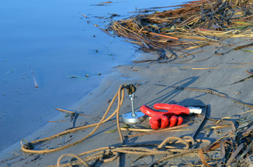 Search neodim magnet during exploration bottom of Desna river.  Near Kiev,Ukraine