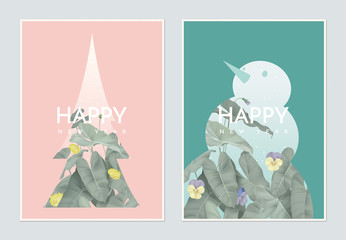 Minimalist new year greeting card template design, pine tree and snowman decorated with Philodendron burle marx plant and flowers