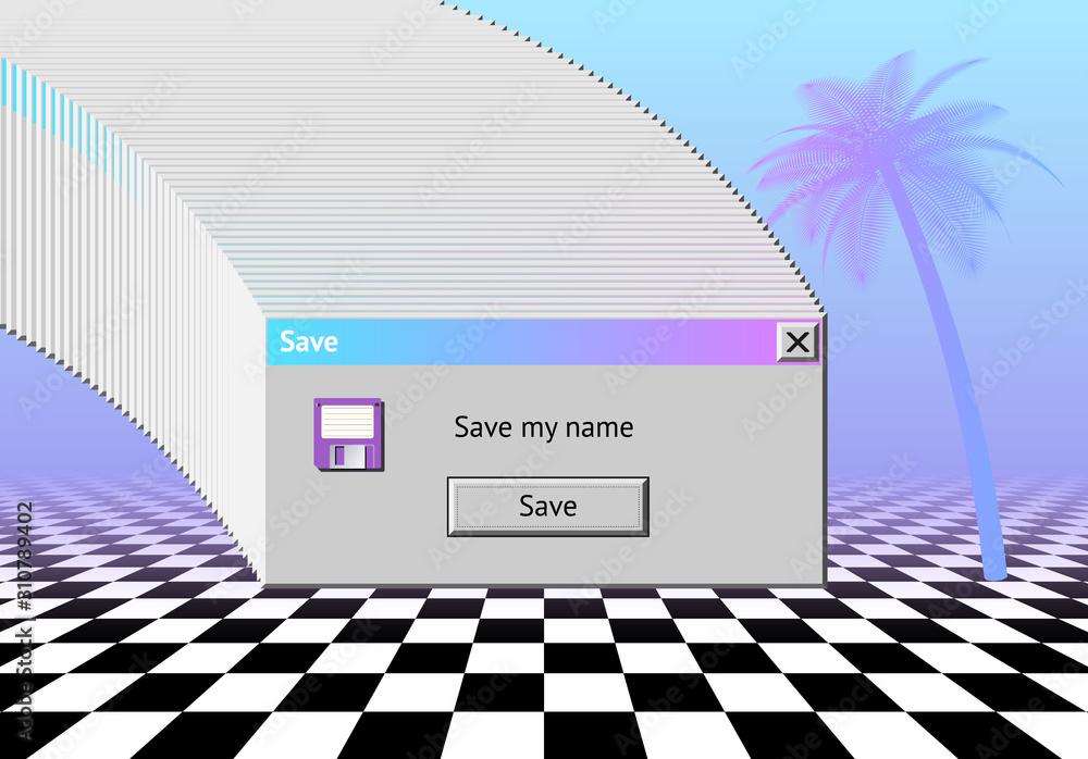 Poster Abstract vaporwave aesthetics background with 90s style system message window, palm and checkered floor covered with pink and blue mist