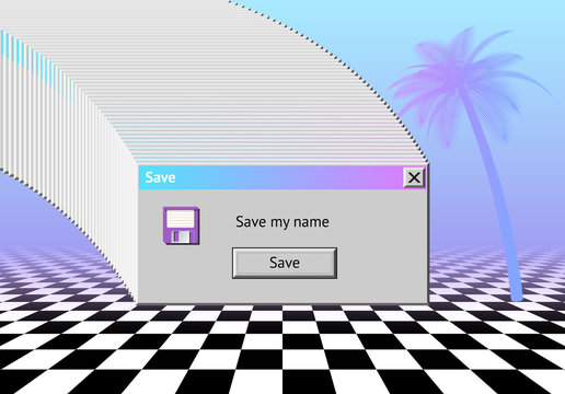 Abstract vaporwave aesthetics background with 90s style system message window, palm and checkered floor covered with pink and blue mist