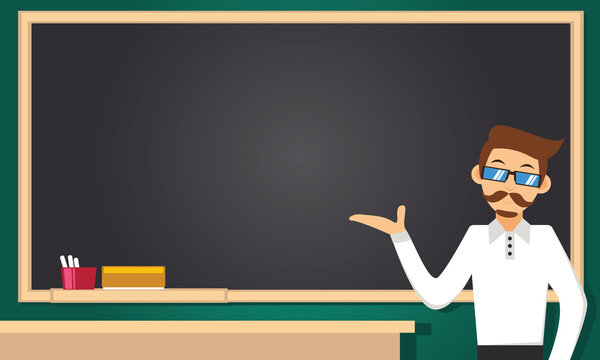 Illustration vector graphic cartoon character of teacher, teaching in front of chalkboard  