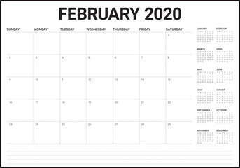 February 2020 desk calendar vector illustration