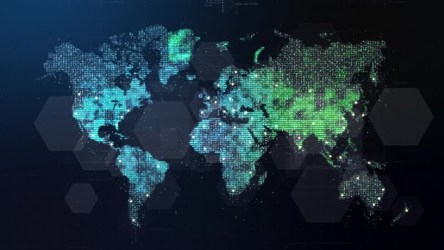 Futuristic global 5G communication via broadband internet connections between cities around the world with matrix particles continent map for head up display background