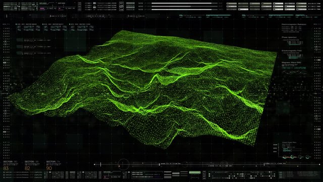 Futuristic Holographic Terrain environment, geomorphology, topography and digital data telemetry information display motion graphic user interface head up display screen