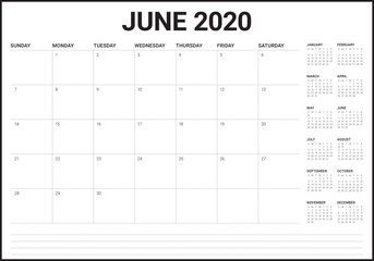 June 2020 desk calendar vector illustration
