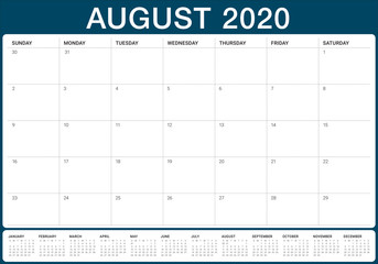 August 2020 desk calendar vector illustration