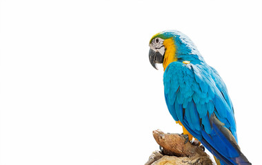 Close up Blue and Gold Macaw Perched on Branch Isolated on White Background with Copy Space and Clipping Path © backiris