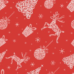 Modèle sans couture de Noël. Ensemble d& 39 arbres de Noël, boules de Noël, cerfs et cadeaux. Image en couleur blanche et rouge. Emballage. Textile.