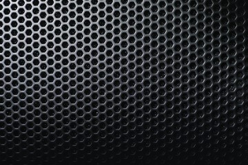 Hexagon mesh grill metal shading with holes texture background, geometric pattern, steel materials of speaker cover in black and white tone