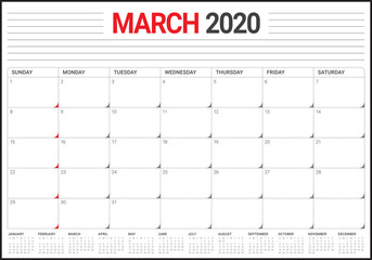 March 2020 desk calendar vector illustration