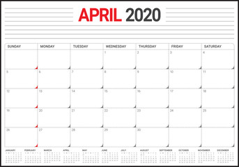 April 2020 desk calendar vector illustration