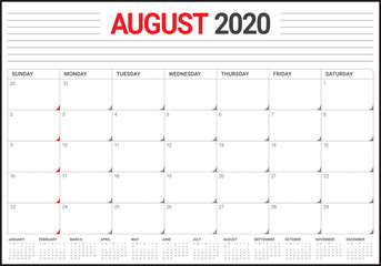 August 2020 desk calendar vector illustration