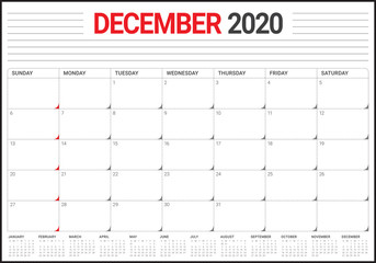 December 2020 desk calendar vector illustration
