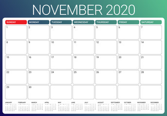 November 2020 desk calendar vector illustration