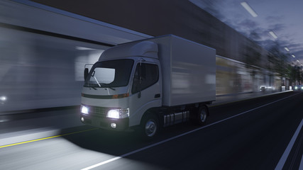 Obraz na płótnie Canvas White Delivery Truck on the Move in Dim Light 3D Rendering
