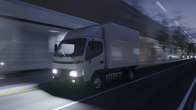 White Delivery Truck on the Move in Dim Light 3D Rendering