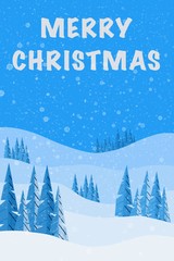 Winter landscape illustration with fir trees and snowflakes. Christmas and New Year illustration.