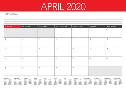 April 2020 Desk Calendar Vector Illustration