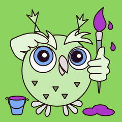 cool owl painter stands and holds a brush in his hand, next to a bucket of paint, vector color clip art