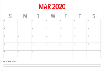 March 2020 desk calendar vector illustration