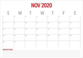 November 2020 desk calendar vector illustration