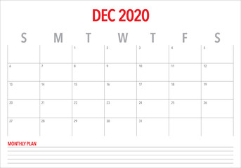 December 2020 desk calendar vector illustration