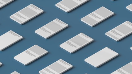 3d render of abstract white phones on the blue background.